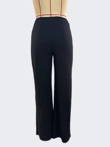 Front view of black high-waisted wide-leg trousers on a mannequin with smooth fabric texture