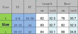 Size chart detail for French style polka dot dress with US and EU measurements