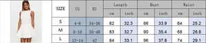 Size guide for sleeveless high waist mini dress with US and EU measurement chart