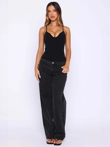 Women's sexy black V-neck crop top and high-waist loose wide-leg jeans summer set