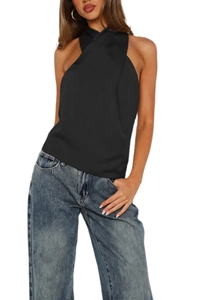 Detail of black halter neck top with criss-cross neckline and soft satin texture