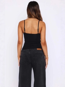 Women's sexy black V-neck sleeveless crop top with slim fit and adjustable spaghetti straps