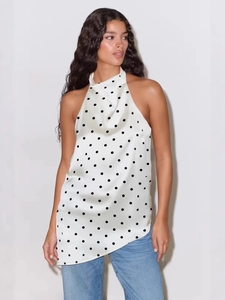 Women Halter Neck Polka Dot Top Satin Sleeveless Irregular Hem Elegant Blouse Fashion Casual Party Summer Shirt