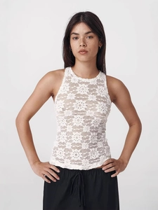 Débardeur Femme Sexy Blanc Dentelle Florale Ajouré Sans Manches Coupe Slim Col Rond Crochet Été Plage Cami Top