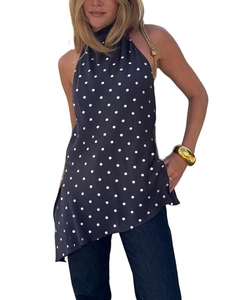 Chic halter neck sleeveless polka dot top with irregular hem for fashion styling