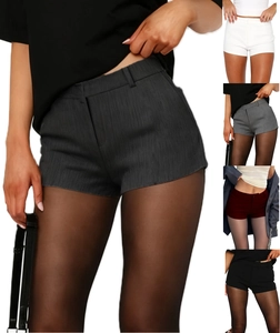 Detailansicht der strukturierten High-Waist-Shorts mit Webmuster und Farbvarianten