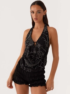 Haut Dos Nu Femme Broderie Florale à Paillettes Col en V Profond Sexy Fête Camisole Sans Manches Gilet d'Été