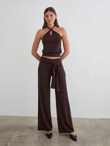 Women's Casual Two-Piece Outfit Halter Neck Crop Top And High Waist Wide Leg Trousers Solid Color Streetwear Coordination