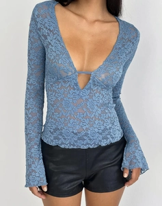Close-up of blue lace long sleeve top featuring intricate floral patterns and V-neckline