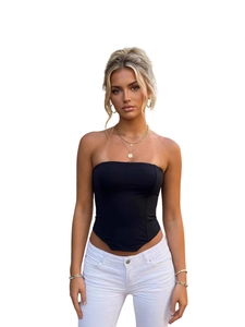 Fashionable black strapless corset top with irregular V-hem and lace-up details for women