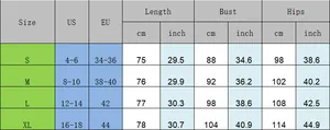 Detailed size chart for lace asymmetric dress showing US and EU measurements in cm and inches
