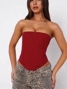 Fashionable dark red strapless corset top with irregular V-hem and bandage design