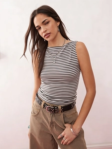 Débardeur sans manches à rayures noires et blanches pour femmes avec ceinture cloutée Y2K