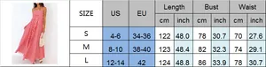 Detailed size chart for floral backless summer dress showing US and EU sizing measurements