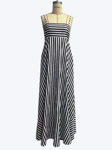Detailed full view of black and white striped maxi dress with A-line silhouette