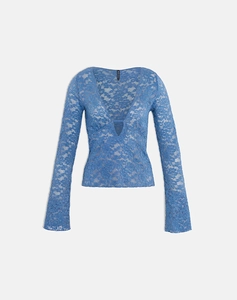 Detailed close-up of blue floral lace fabric with flared sleeves and elegant V-neck design