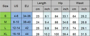 Detailed size chart for high-waisted shorts showing US/EU sizes and measurements in cm/inch