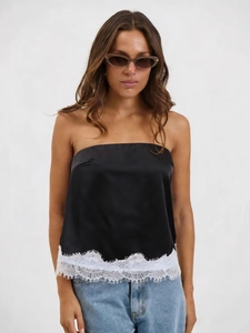 Women's black satin tube top with white eyelash lace trim and sleek finish