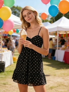 Polka dot summer dress with spaghetti straps and ruffle hem in a vibrant carnival setting