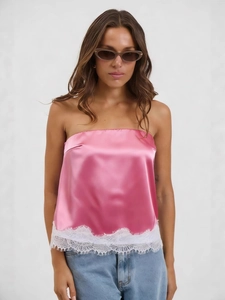Chic pink satin tube top for women with elegant white lace hem and glossy finish
