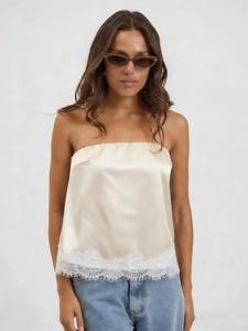 Elegant champagne satin tube top with white lace hem and stylish strapless design