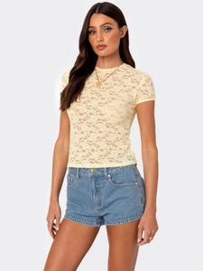 Women's Sexy Y2K Sheer Floral Lace Short Sleeve Top Slim Fit Round Neck See-Through Polyester Pullover Streetwear Cropped Top