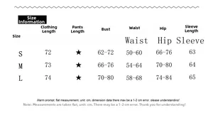 Detailed size chart for long sleeve bodysuit showing bust, waist, and hip measurements