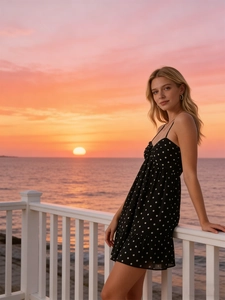Detail of black polka dot summer dress with delicate spaghetti straps and ruffled hem