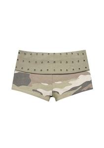 Detailansicht der Cargo-Camouflage-Hotpants mit geripptem Bund und Metallösen