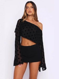 T-Shirt Sexy Femmes Épaule Dénudée Maille à Pois Manche Cloche Crop Top Transparent Mode Streetwear Tenue de Soirée