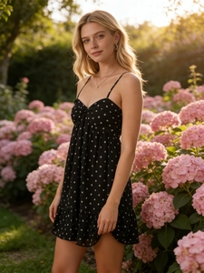 Detail of French style polka dot dress with thin straps and ruffled hem in flower garden