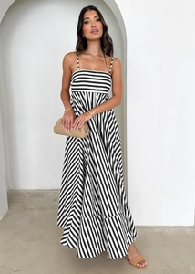 Detailed view of striped maxi dress with tiered skirt and cinched waist design