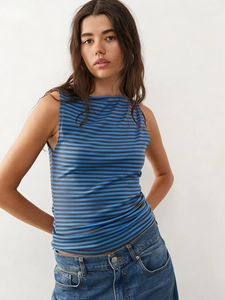 Débardeur Rayé Décontracté pour Femmes Sans Manches Coupe Ajustée Crop Top Été Streetwear Col Bateau Gilet en Tricot