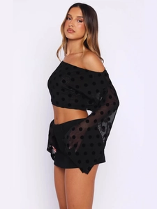 Ensemble chic deux pièces en tulle noir pour femmes avec pois floqués et haut évasé