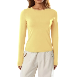 Slim fit light yellow long sleeve crew neck t-shirt in soft stretch cotton fabric