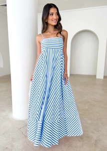 Detail of blue and white striped summer camisole dress with pleated flared hemline