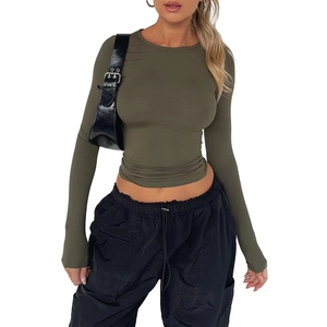 Detail view of olive green slim fit long sleeve top with crew neck and pleated hem