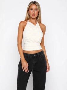 Crop Top Dos Nu en Dentelle Sexy Coupe Ajustée Lacé Sans Manches Épissage Streetwear Gilet Haut Mode d'Été pour Femmes