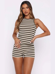 Women's 2-piece olive green striped rib-knit tank top and slim shorts set