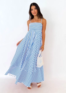 Detail of blue and white striped maxi dress showing the texture and strap design