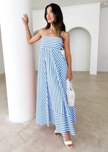 Detailed view of the blue and white vertical striped maxi dress with thin straps