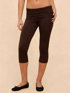 Women high waist capri leggings in dark brown solid color for fitness and yoga wear