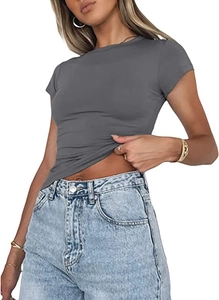 Close-up of slim fit grey crew neck T-shirt paired with high-waisted denim jeans
