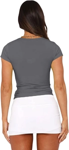 Rear view of a fitted dark grey short sleeve T-shirt with a white mini skirt