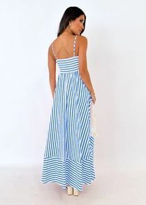 Detail of blue and white striped maxi dress with thin straps and open back design