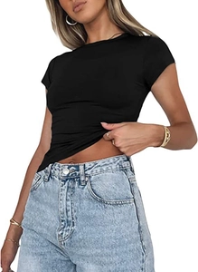 Detail showing high-waisted washed denim jeans paired with a slim fit black cotton t-shirt