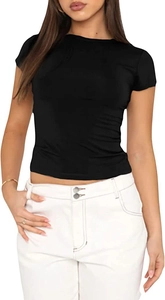 Close-up of slim fit black short sleeve T-shirt styled with white contrast stitch pants