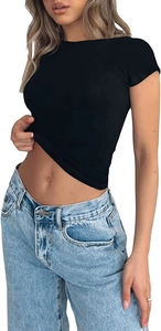 Detail view of slim fit black crop top t-shirt showing elastic knit fabric and crew neck