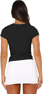 Rear view detail of a slim fit black short sleeve t-shirt and white mini skirt set