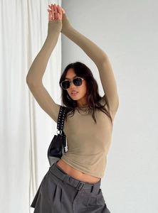 Detail of khaki slim-fit crew neck top with mitten cuffs and elastic knit fabric